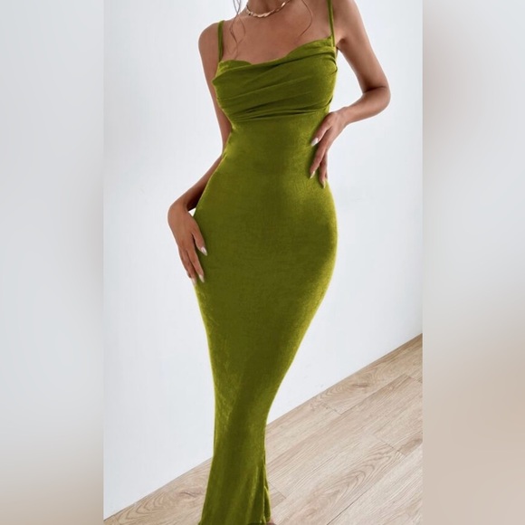 Maxi bodycon cami dress, XS, spaghetti straps, pencil ruched backless, tie back - Picture 3 of 9